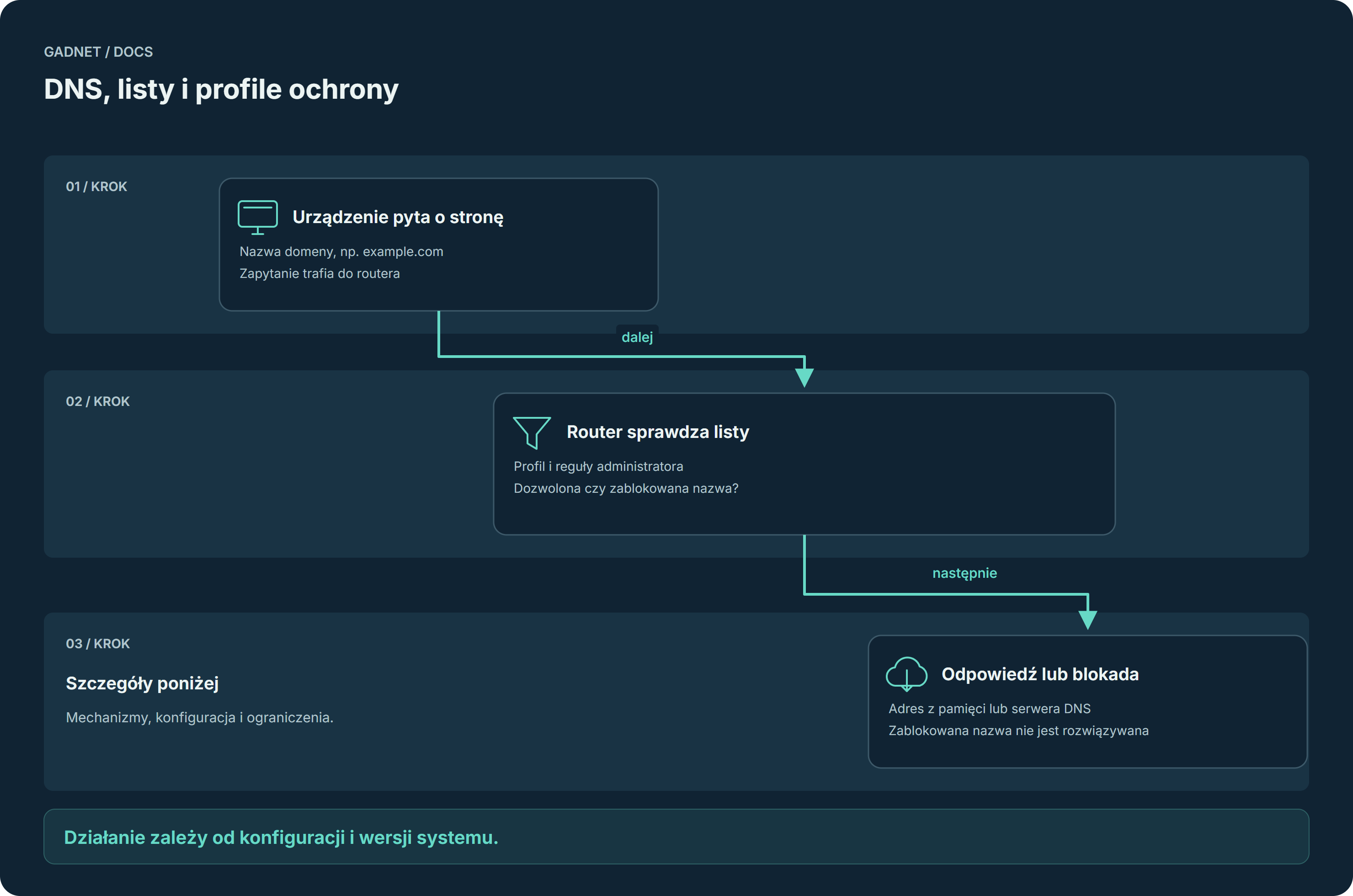 DNS, listy i profile ochrony — przebieg opisany poniżej